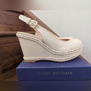 Stuart Weitzman patent leather Anje Ivory Silver Braid Slingback Pumps Size 4.5